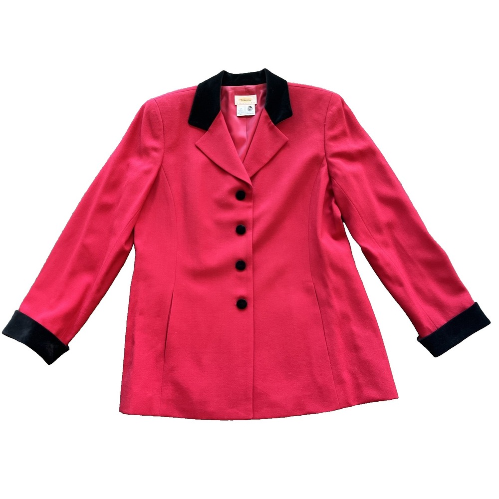 Talbots Red 100% Wool Blazer Jacket Sz 12 Petite Velvet Trim Classy Vintage J20